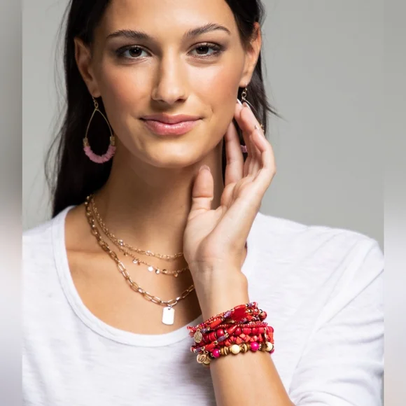 Red Boho Chic Multi Layered Stretch Bracelet w Golden Seashell & Coin Charms - Picture 5 of 6